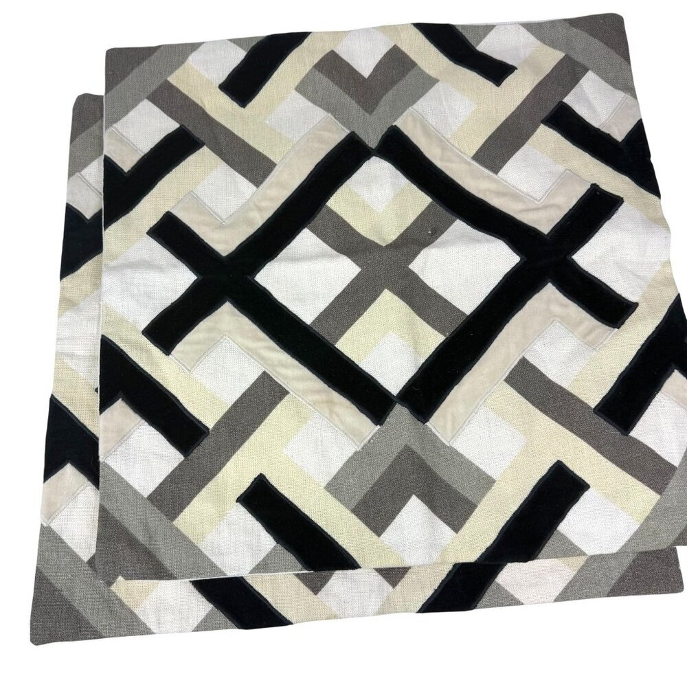 Williams-Sonoma Throw Pillow Cover Linen Velvet Applique Beige Geometric set of